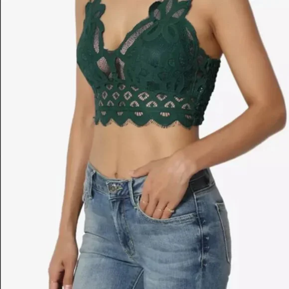 Free People Fp One Adella Bralette Lace Criss Cross Smocked Crop Top Pine S - Picture 2 of 6